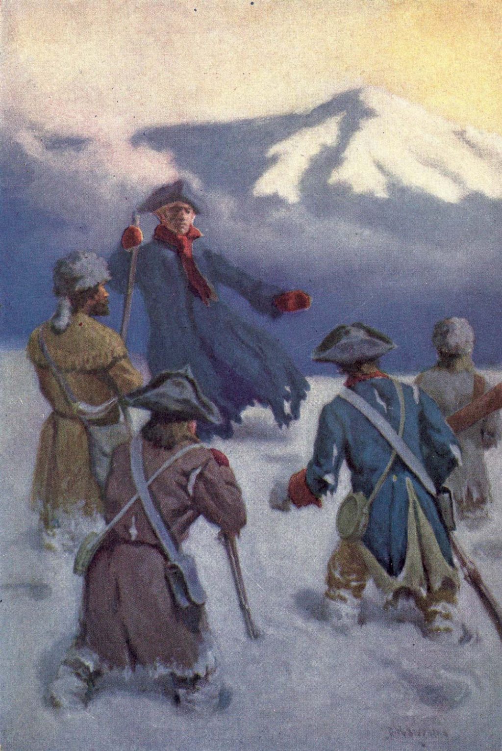 An illustration from 1919 depicts Zebulon Pike with his party of explorers in the Rocky Mountains. © "Lost with Lieutenant Pike" by Edwin L. Sabin, 1919