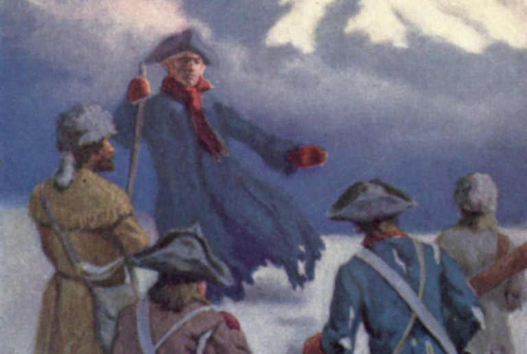 An illustration from 1919 depicts Zebulon Pike with his party of explorers in the Rocky Mountains. "Lost with Lieutenant Pike" by Edwin L. Sabin, 1919